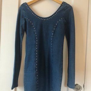 Sexy Stretch Denim Long Sleeved Open Back Short Dress